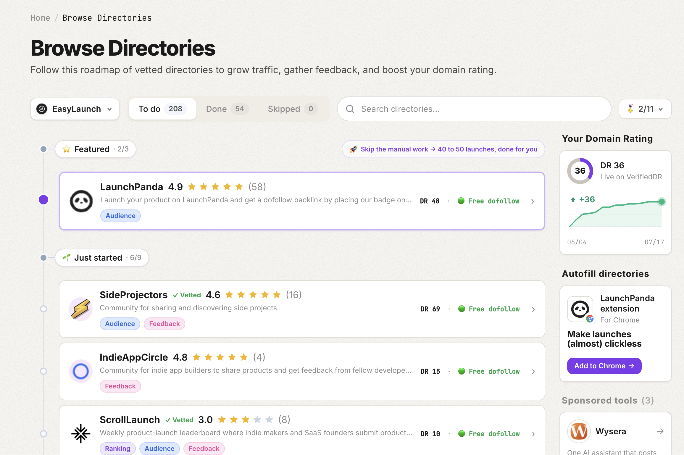 LaunchPanda's Browse Directories roadmap, showing vetted directories grouped by launch stage with DR and dofollow badges